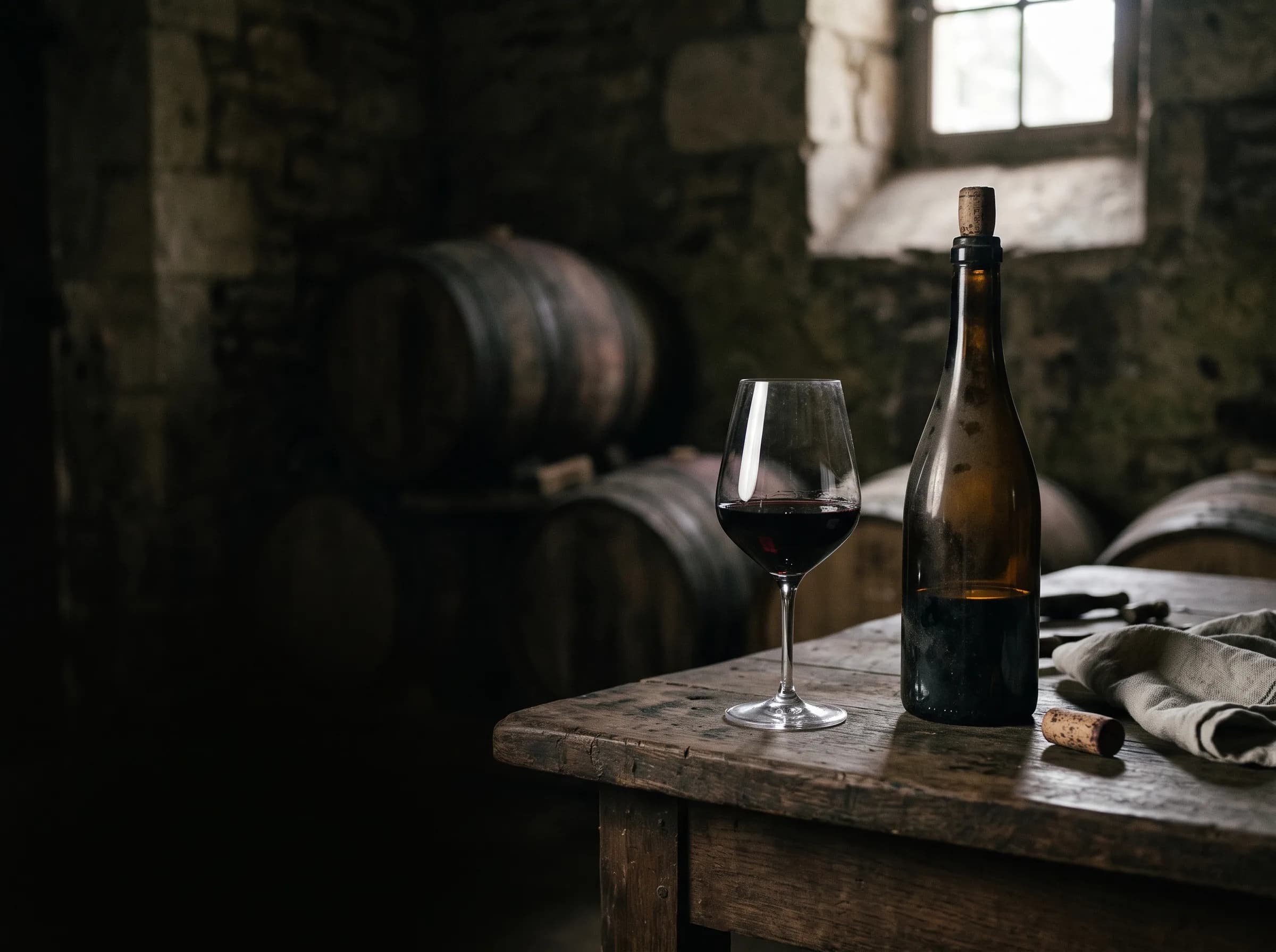 A glass of Georgian red wine and an unlabelled bottle on a worn table in a stone cellar
