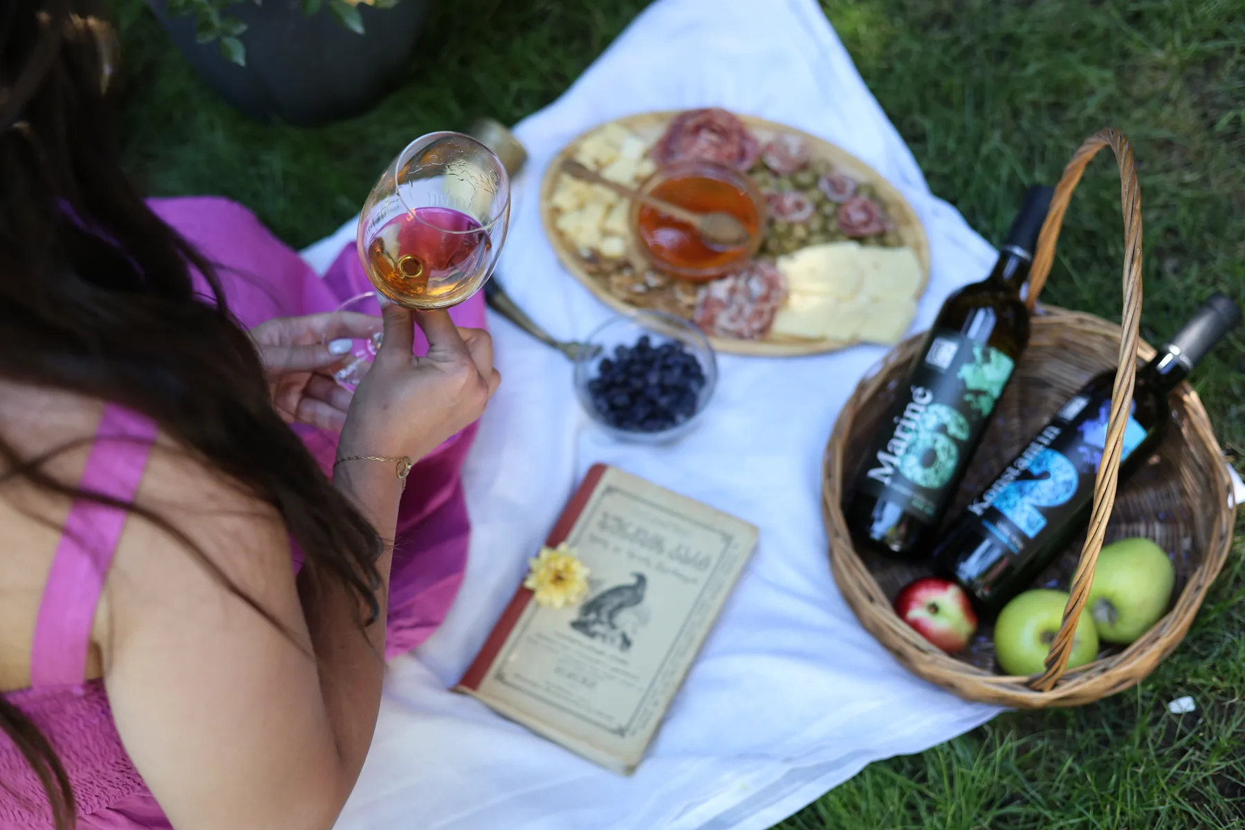 A glass of amber-colored wine raised over a picnic blanket with cheese, blueberries and a basket holding bottles of Mariné and Konstantin