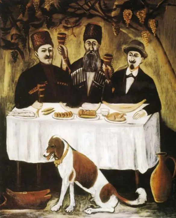 Niko Pirosmani, Feast of Three Noblemen: a Georgian supra with wine and toasts